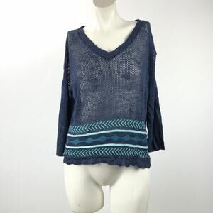 2/$30 Maurices Medium Womens Blue Aztec Open Knit V-neck Pullover Sweater